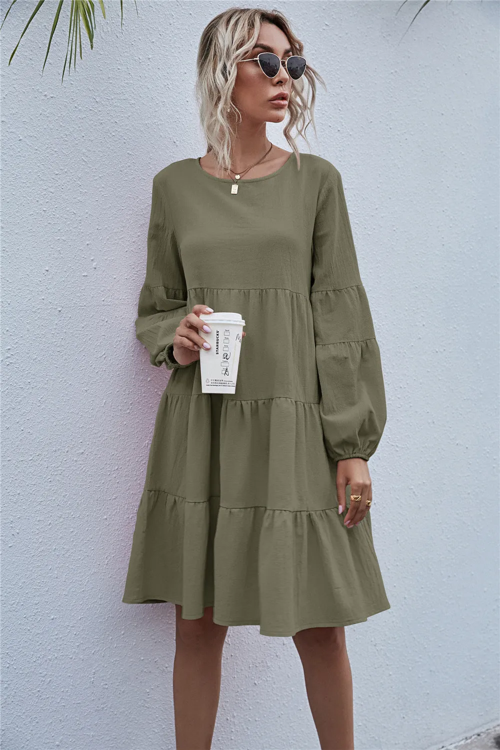Round Neck Lantern Elastic Bubble Sleeve Mini Dresses