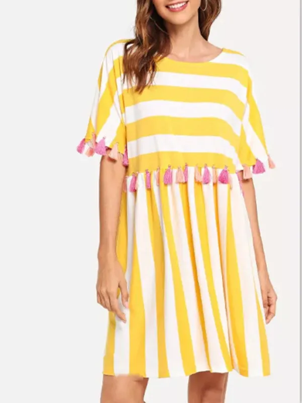 Round Neck Short Sleeve Striped Women's Color Tassel Dress