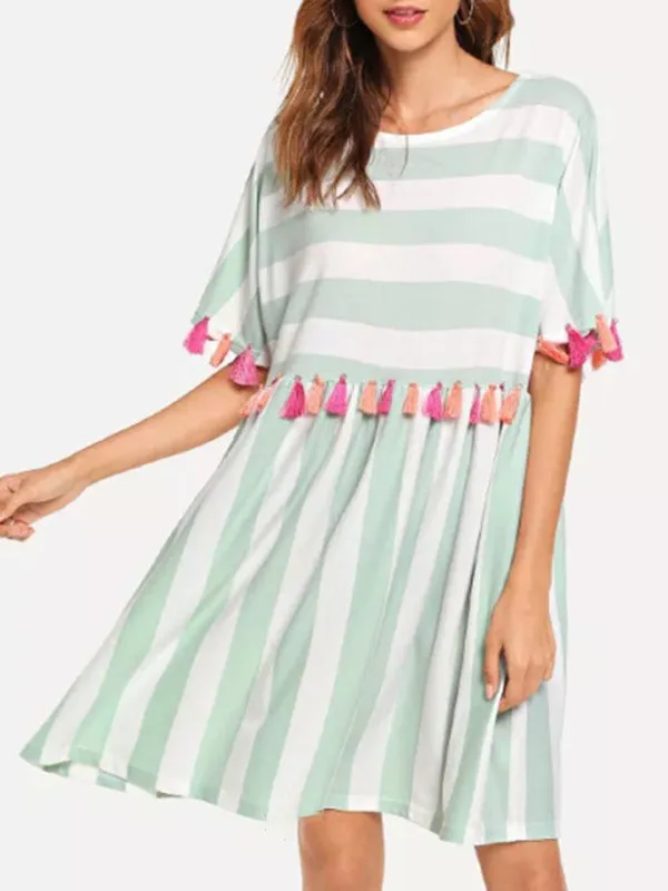 Round Neck Short Sleeve Striped Women's Color Tassel Dress