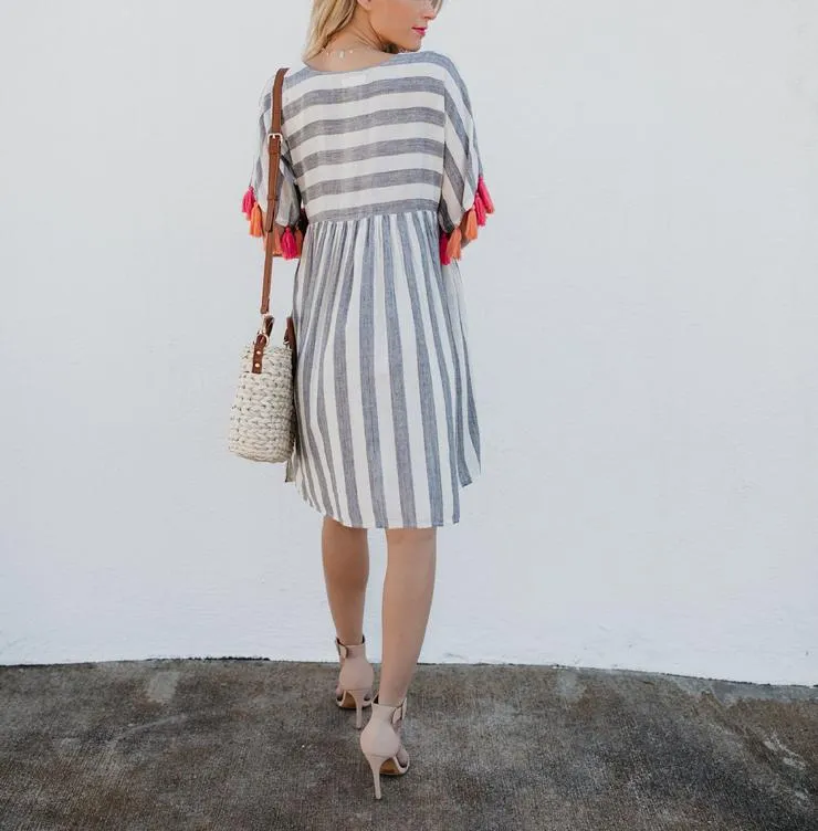 Round Neck Short Sleeve Striped Women's Color Tassel Dress