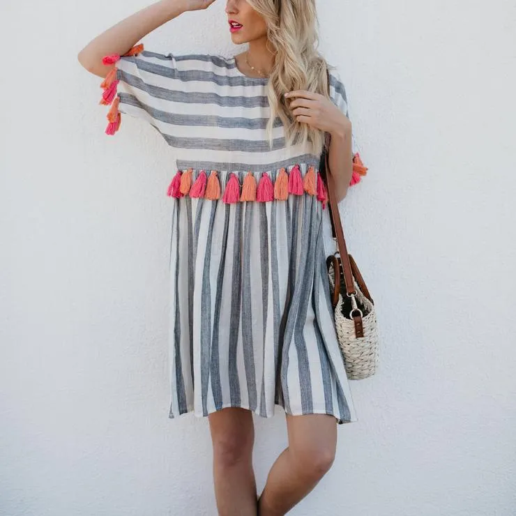 Round Neck Short Sleeve Striped Women's Color Tassel Dress