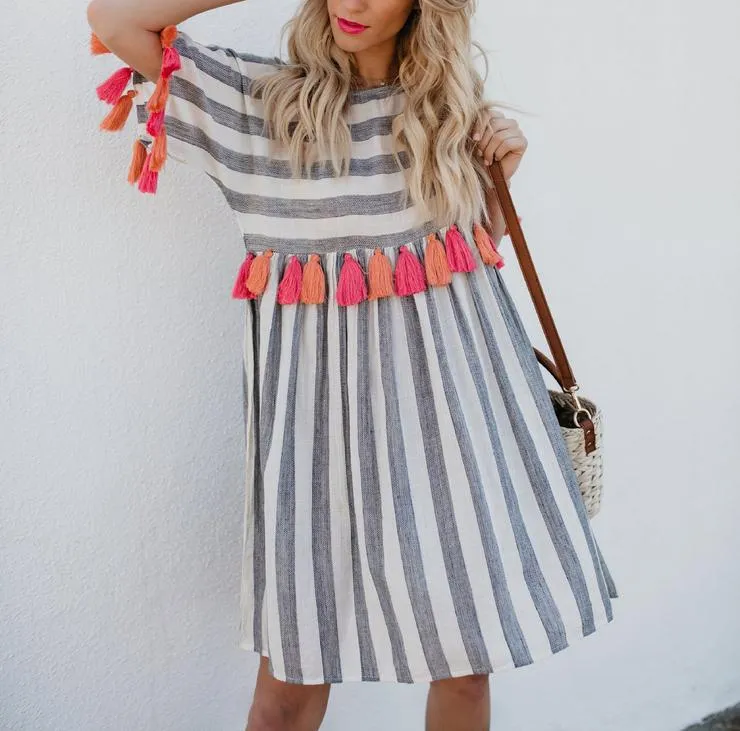 Round Neck Short Sleeve Striped Women's Color Tassel Dress
