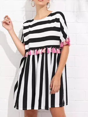 Round Neck Short Sleeve Striped Women's Color Tassel Dress
