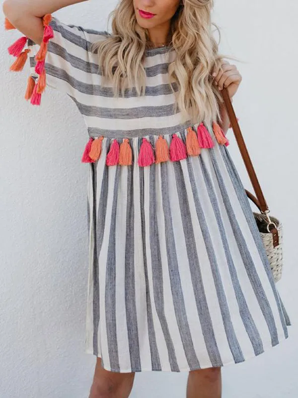 Round Neck Short Sleeve Striped Women's Color Tassel Dress