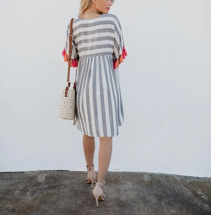 Round Neck Short Sleeve Striped Women's Color Tassel Dress