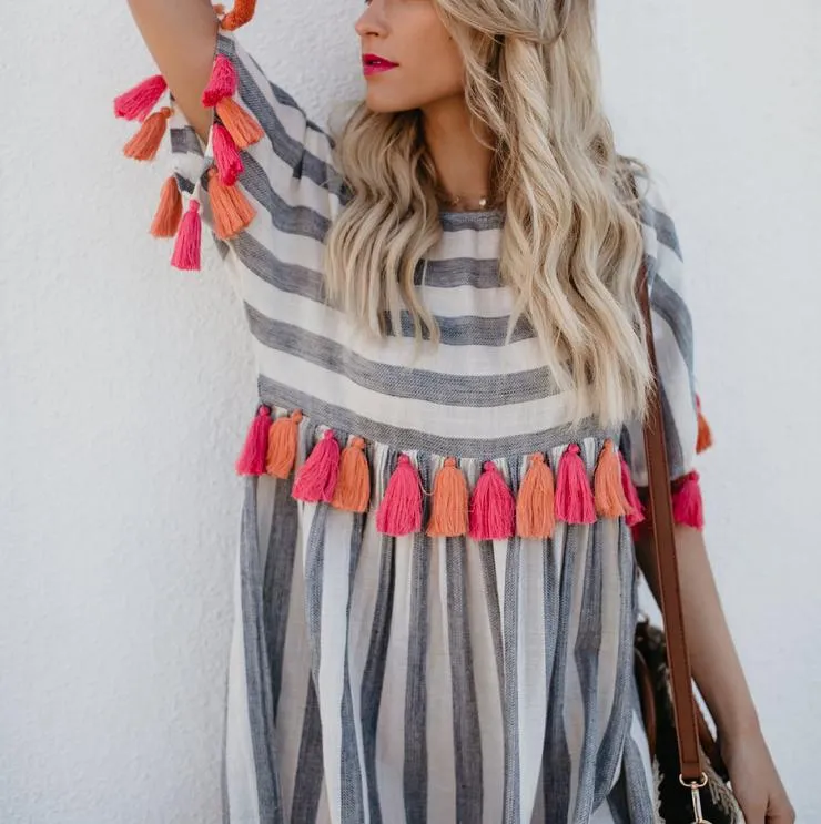 Round Neck Short Sleeve Striped Women's Color Tassel Dress