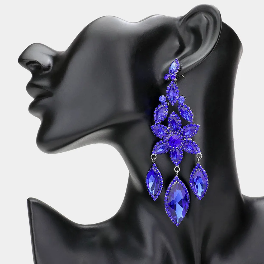 Royal Blue Flower Triple Marquise Stone Chandelier Evening Earrings   | Statement Earrings | 608509