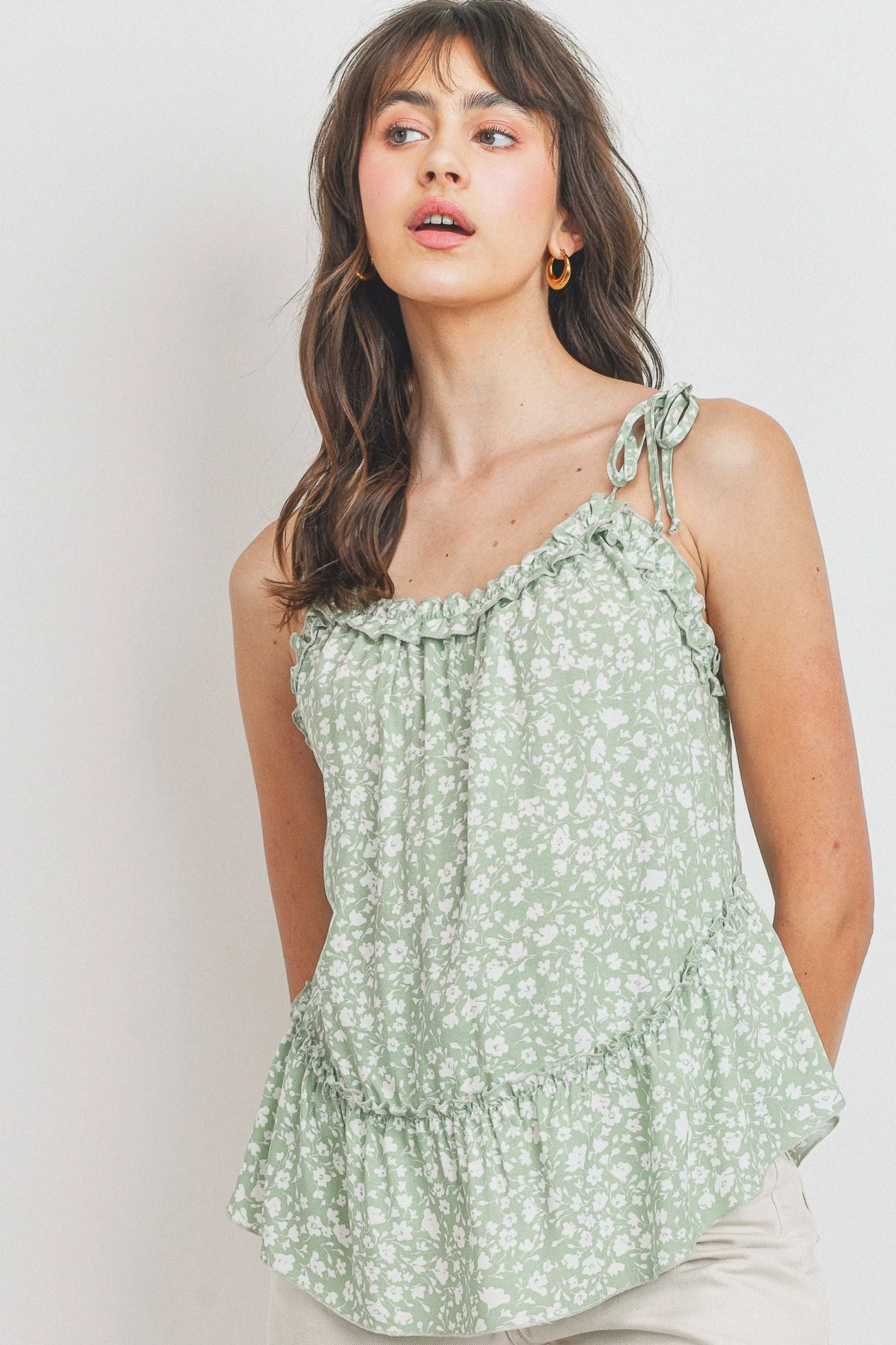 Ruffle Detailed Shirring Peplum Sleeveless Top