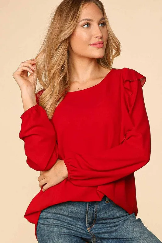 RUFFLE SHOULDER BUBBLE SLEEVE CREPE WOVEN TOP