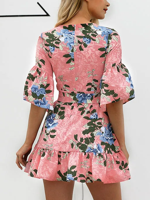 Ruffled Hem Mid-sleeve Print Dress