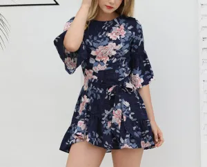 Ruffled Hem Mid-sleeve Print Dress