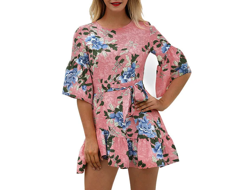Ruffled Hem Mid-sleeve Print Dress