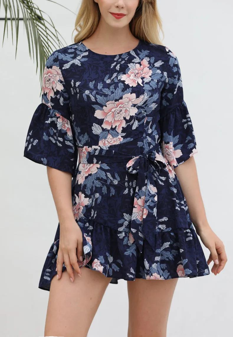 Ruffled Hem Mid-sleeve Print Dress