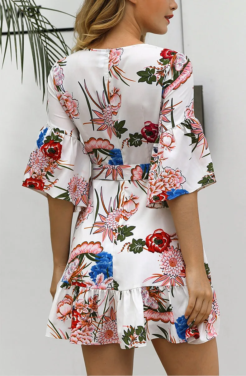 Ruffled Hem Mid-sleeve Print Dress