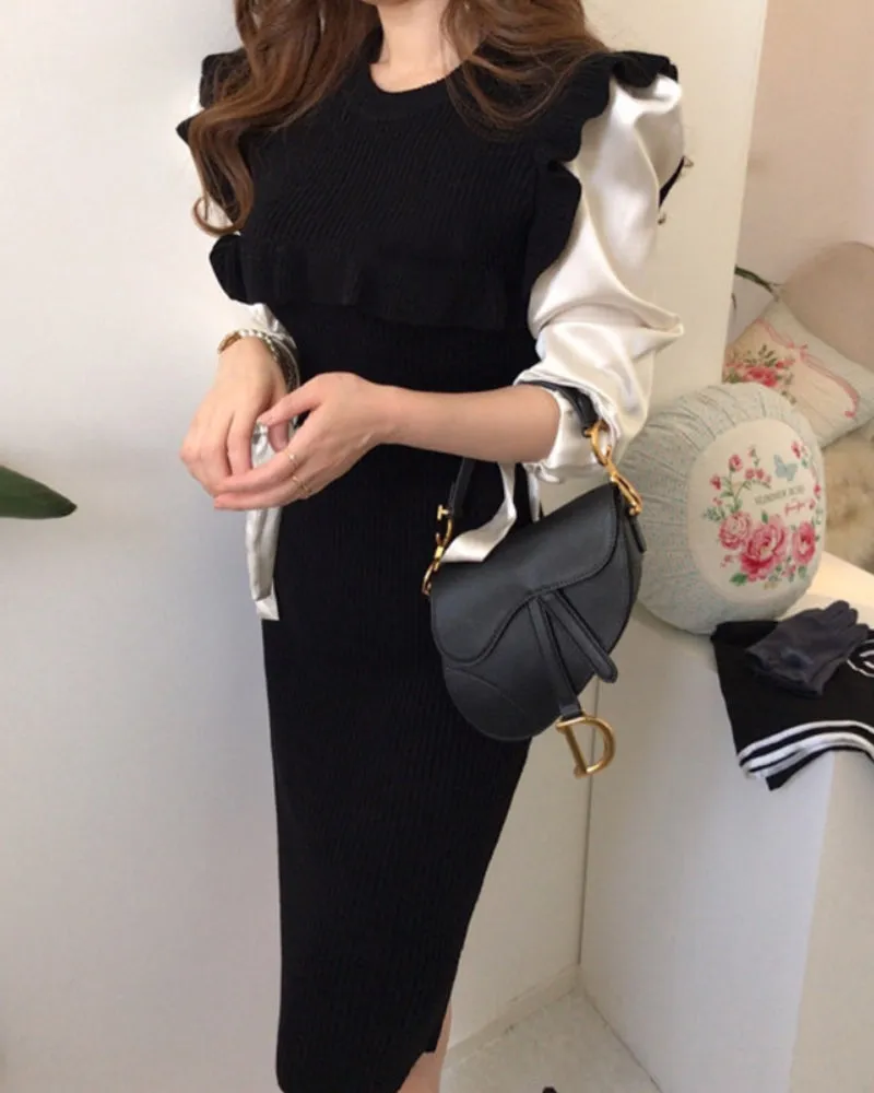 Ruffled Knit Splicing Lacing Sweater Midi Dresses