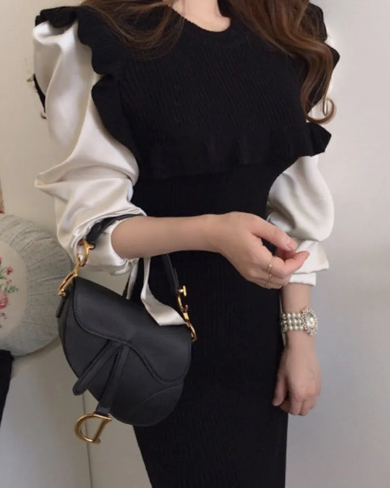 Ruffled Knit Splicing Lacing Sweater Midi Dresses