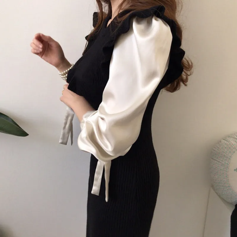 Ruffled Knit Splicing Lacing Sweater Midi Dresses