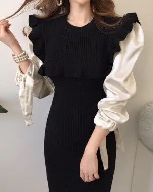 Ruffled Knit Splicing Lacing Sweater Midi Dresses