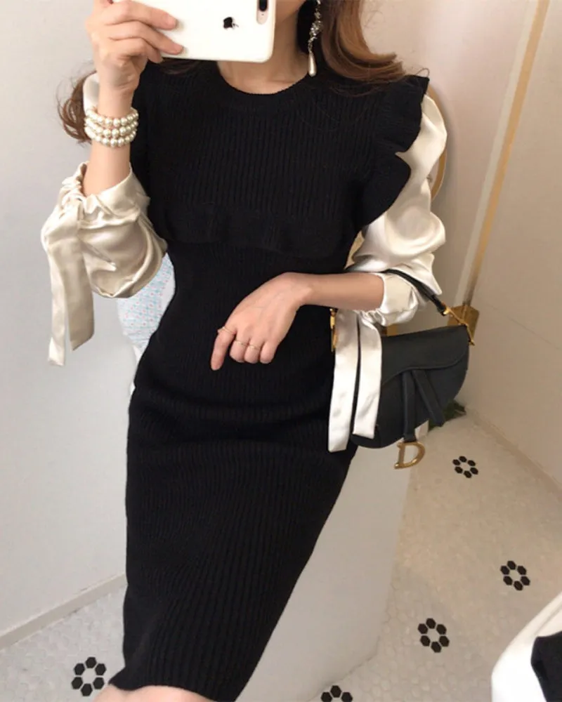 Ruffled Knit Splicing Lacing Sweater Midi Dresses