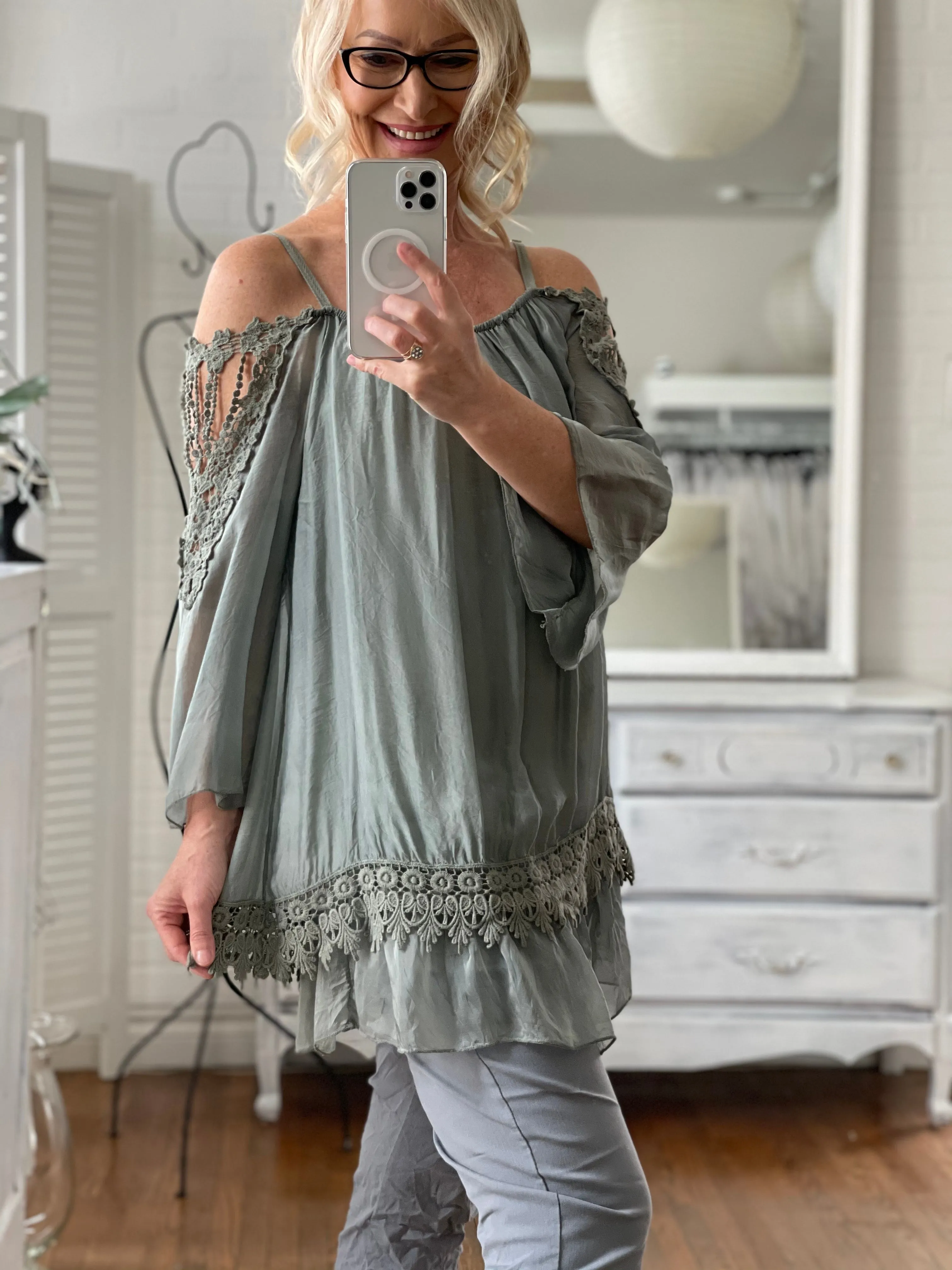 Sage Lace Off-Shoulder Tunic