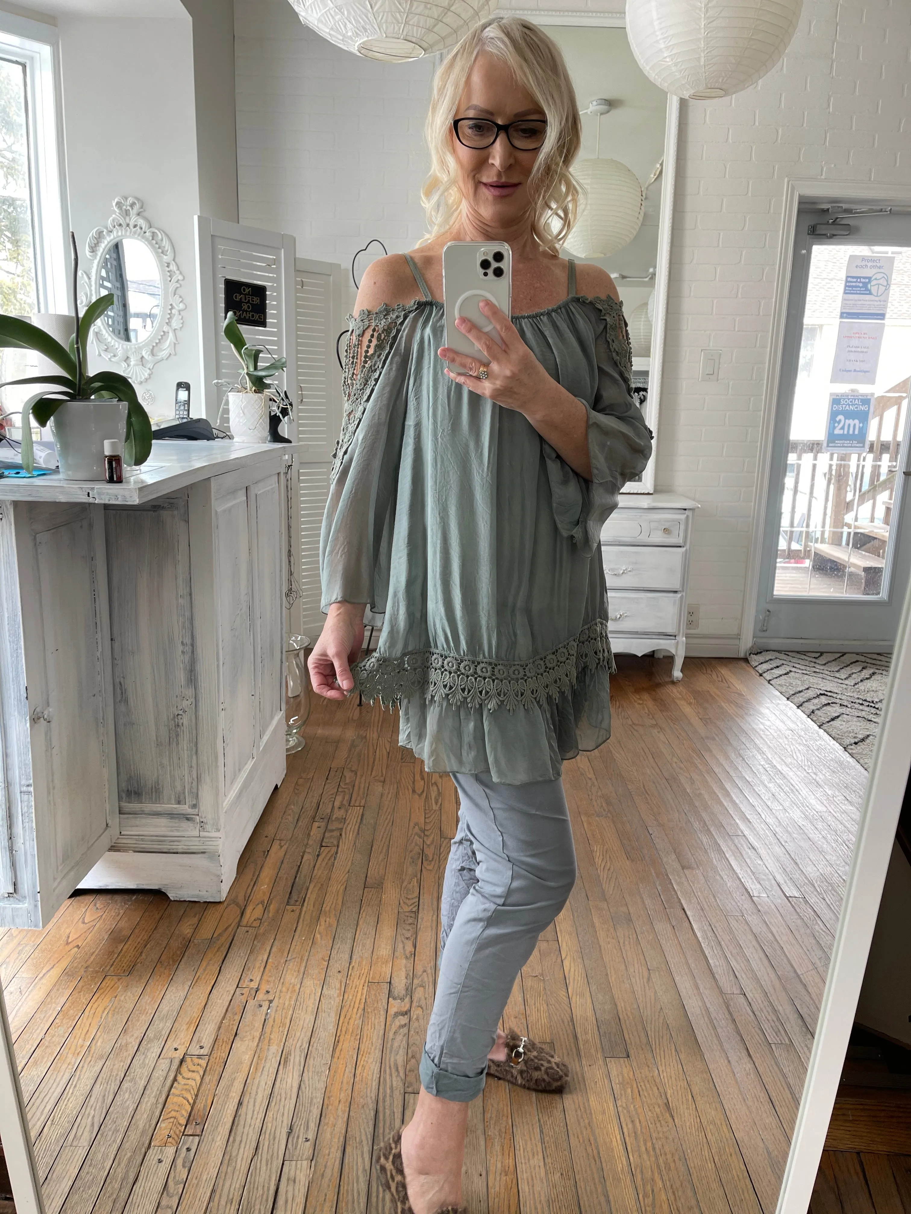 Sage Lace Off-Shoulder Tunic