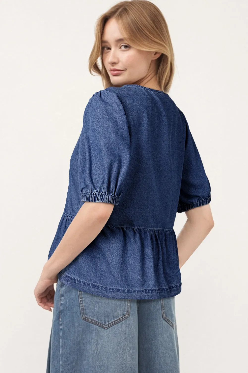 Sail Blue Tied Front Bubble Sleeve Peplum Denim Shirt