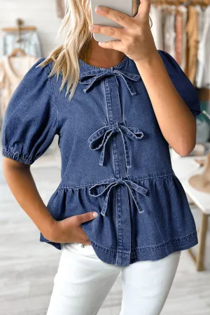 Sail Blue Tied Front Bubble Sleeve Peplum Denim Shirt