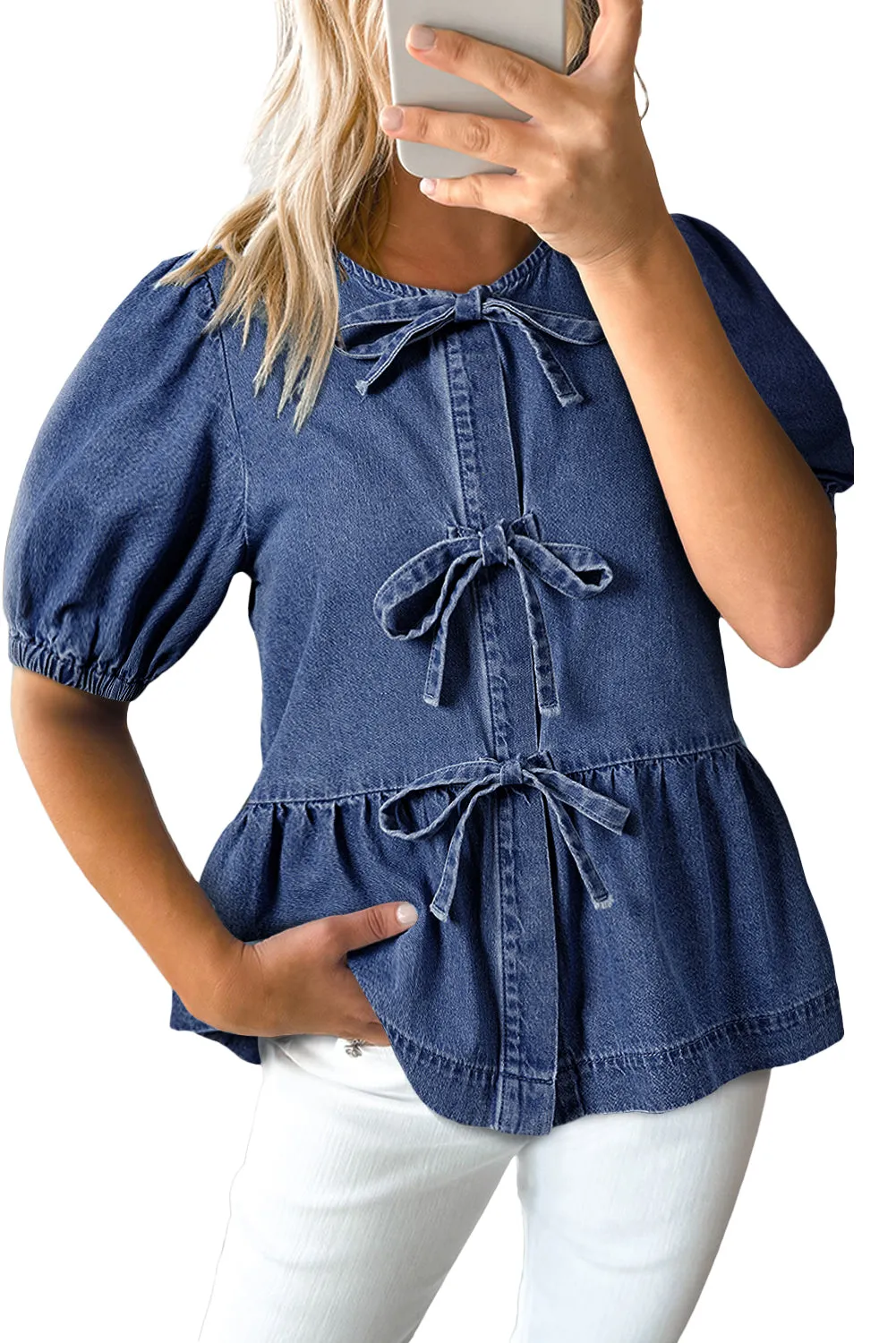 Sail Blue Tied Front Bubble Sleeve Peplum Denim Shirt