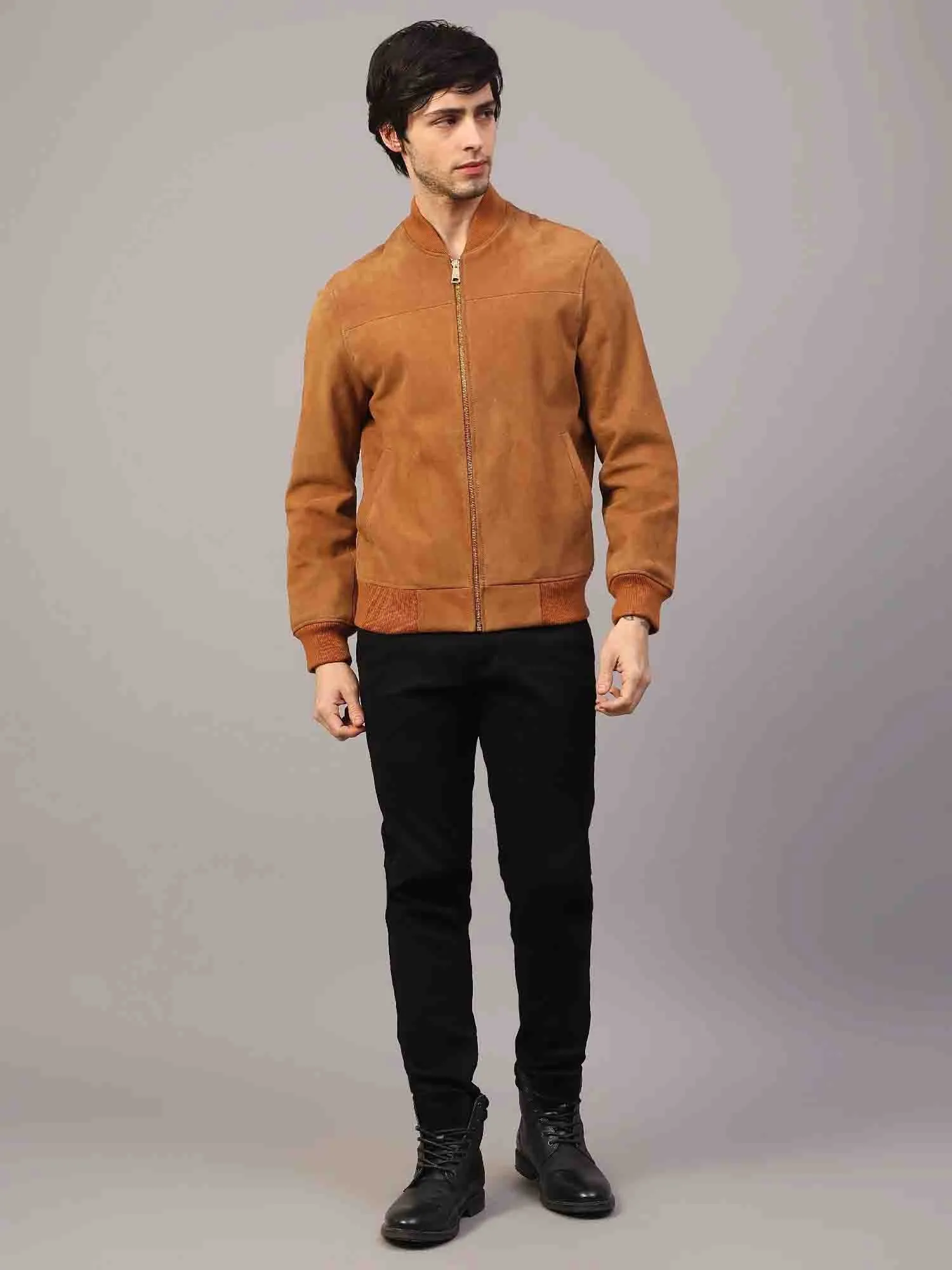 Saint Giovanni Tan Leather Men's Bomber Style Jackets