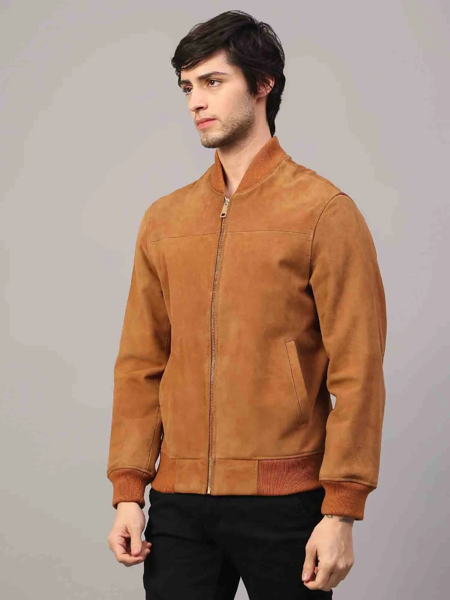 Saint Giovanni Tan Leather Men's Bomber Style Jackets