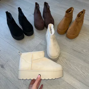 SALE Platform ultra low mini faux fur lined boots - cream