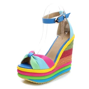 Sandals Wedges High Multicolor Patchwork Peep Toe Wedges bow knot peep toe