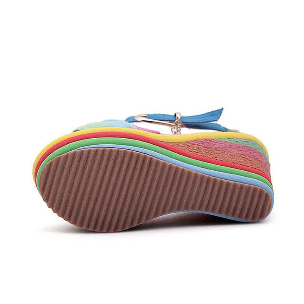 Sandals Wedges High Multicolor Patchwork Peep Toe Wedges bow knot peep toe