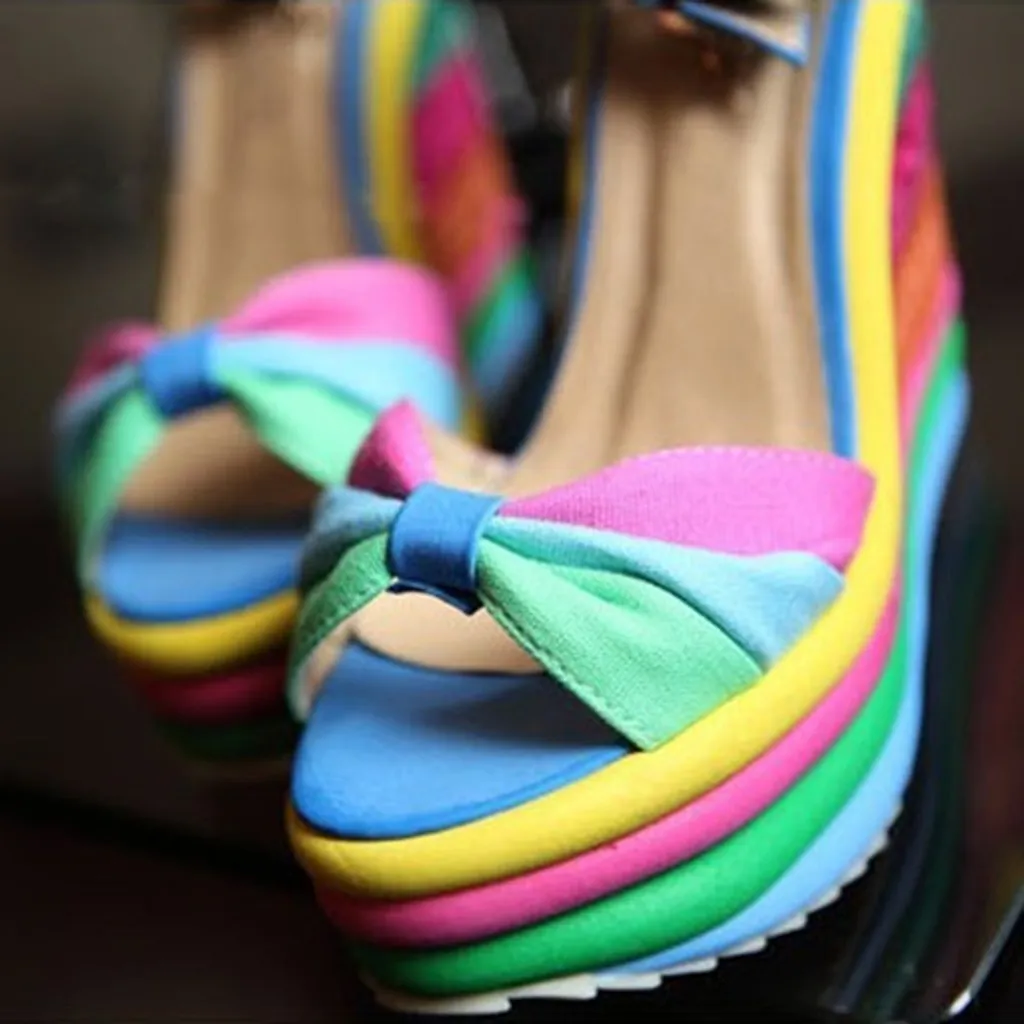 Sandals Wedges High Multicolor Patchwork Peep Toe Wedges bow knot peep toe