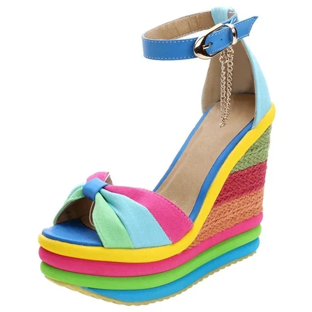 Sandals Wedges High Multicolor Patchwork Peep Toe Wedges bow knot peep toe