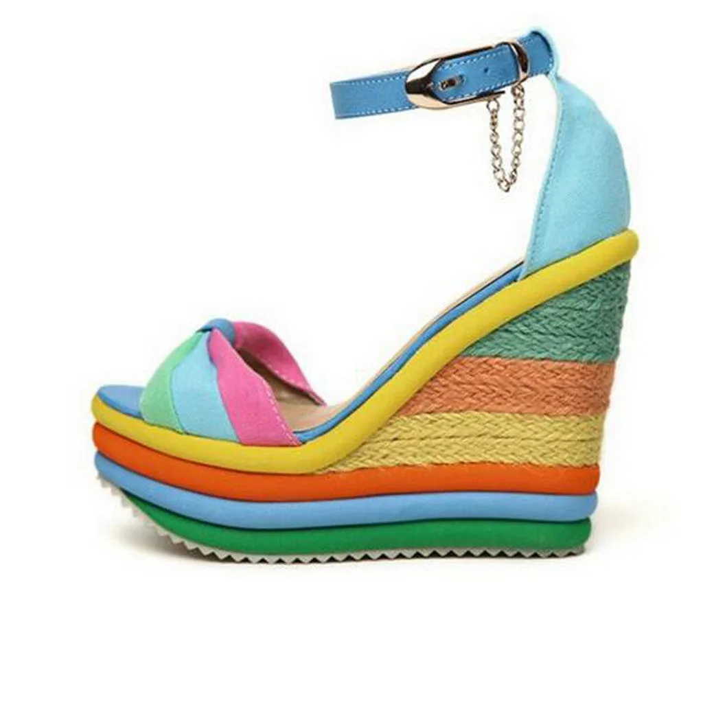 Sandals Wedges High Multicolor Patchwork Peep Toe Wedges bow knot peep toe