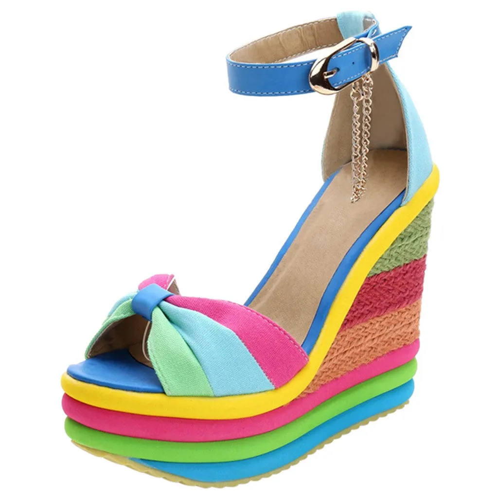 Sandals Wedges High Multicolor Patchwork Peep Toe Wedges bow knot peep toe