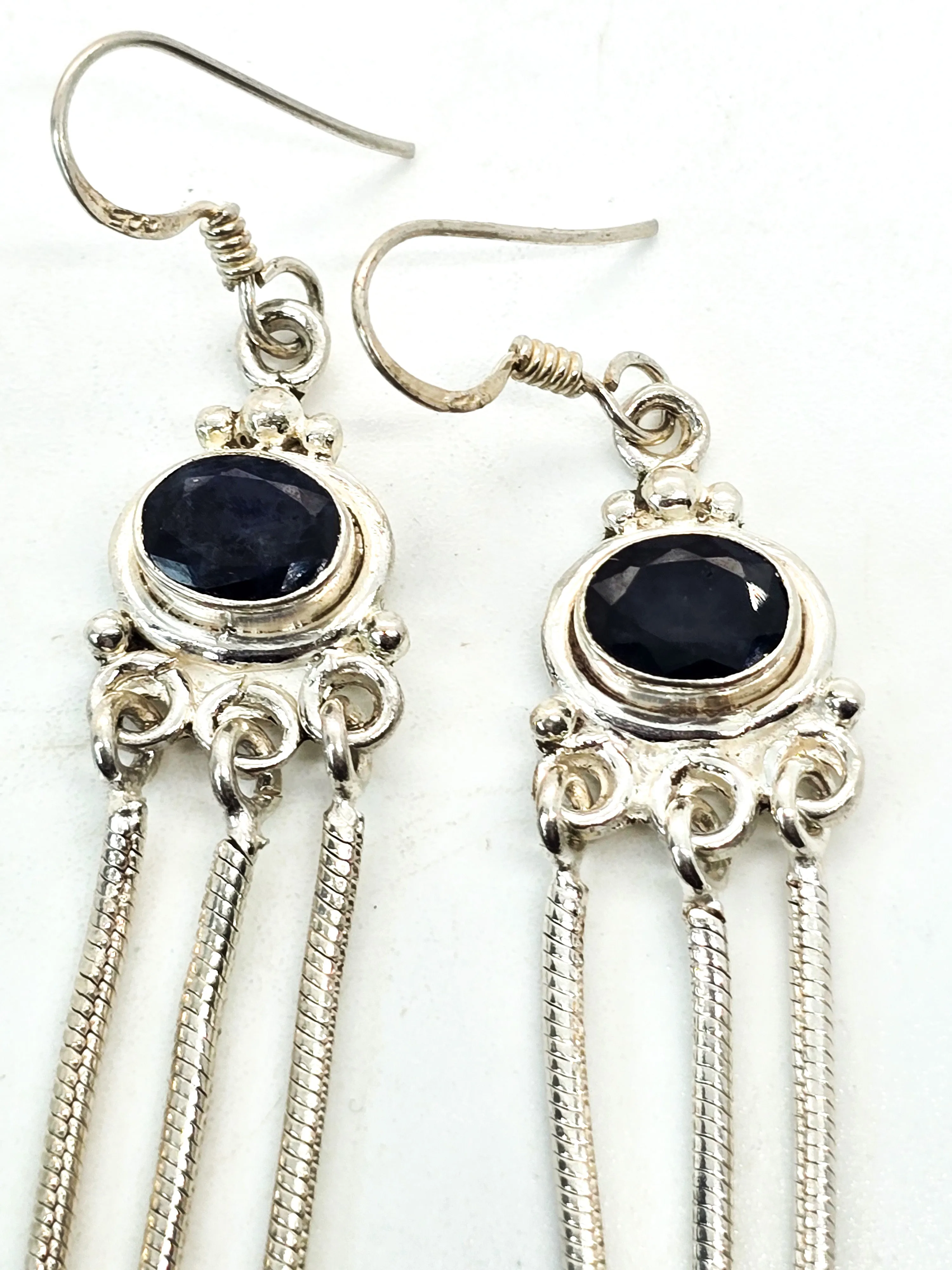 Sapphire natural gemstone sterling silver 3 inch drop tassel earrings