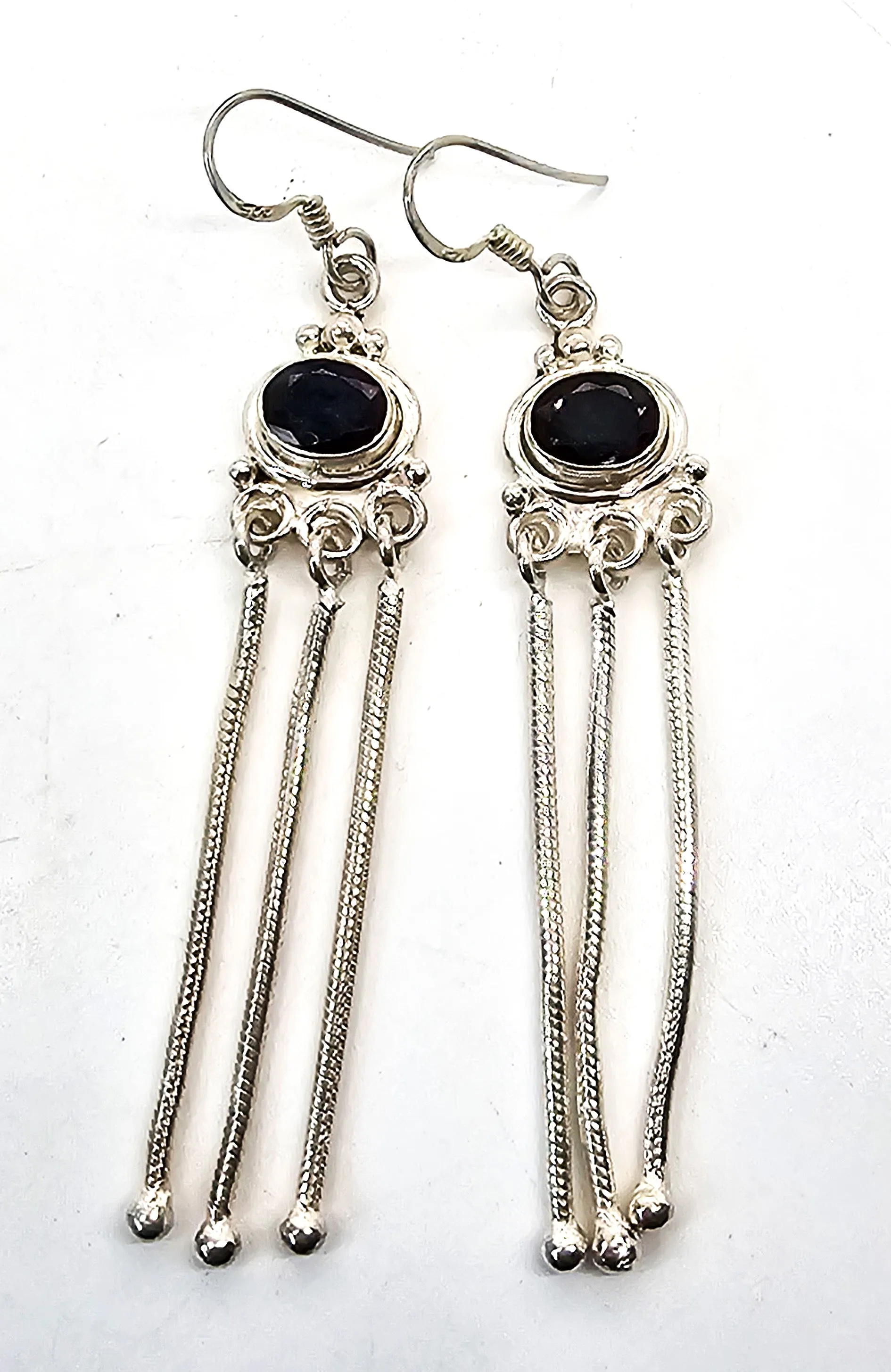 Sapphire natural gemstone sterling silver 3 inch drop tassel earrings