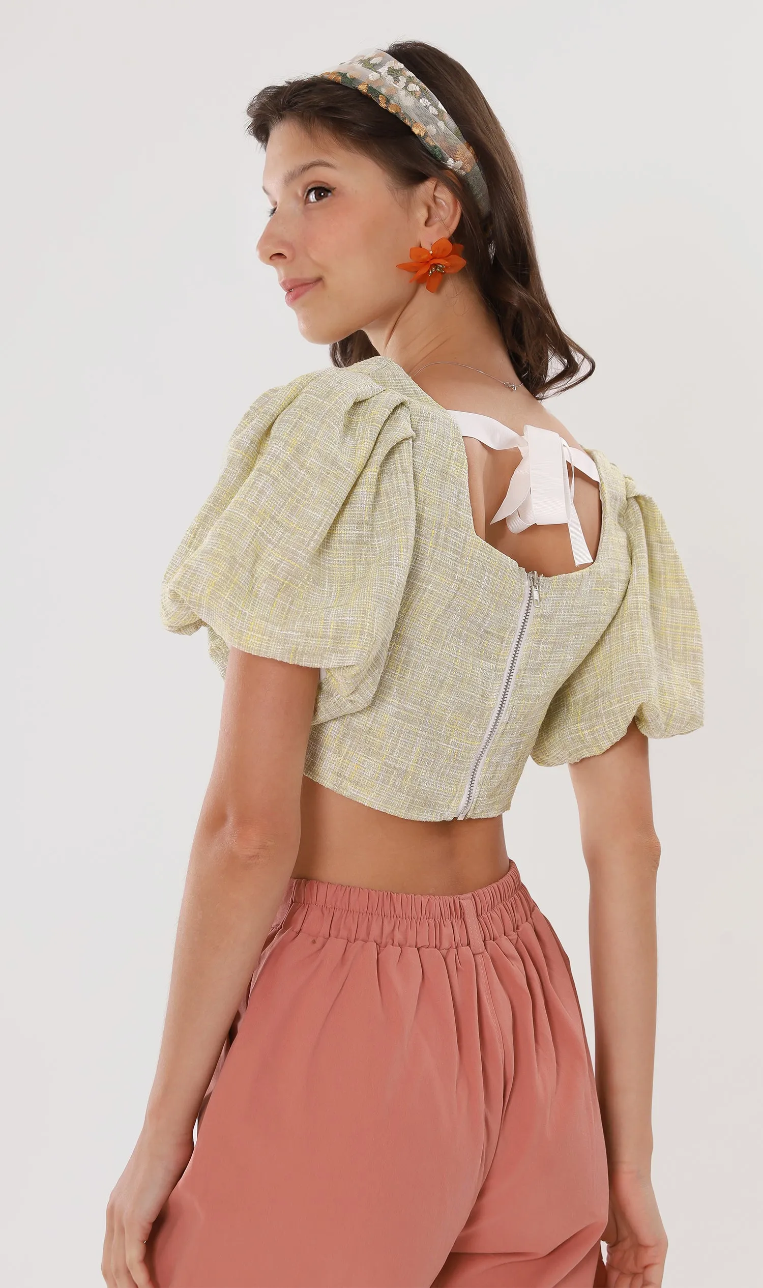 SASHA Tweed Puff-Sleeve Crop Top (Yellow)
