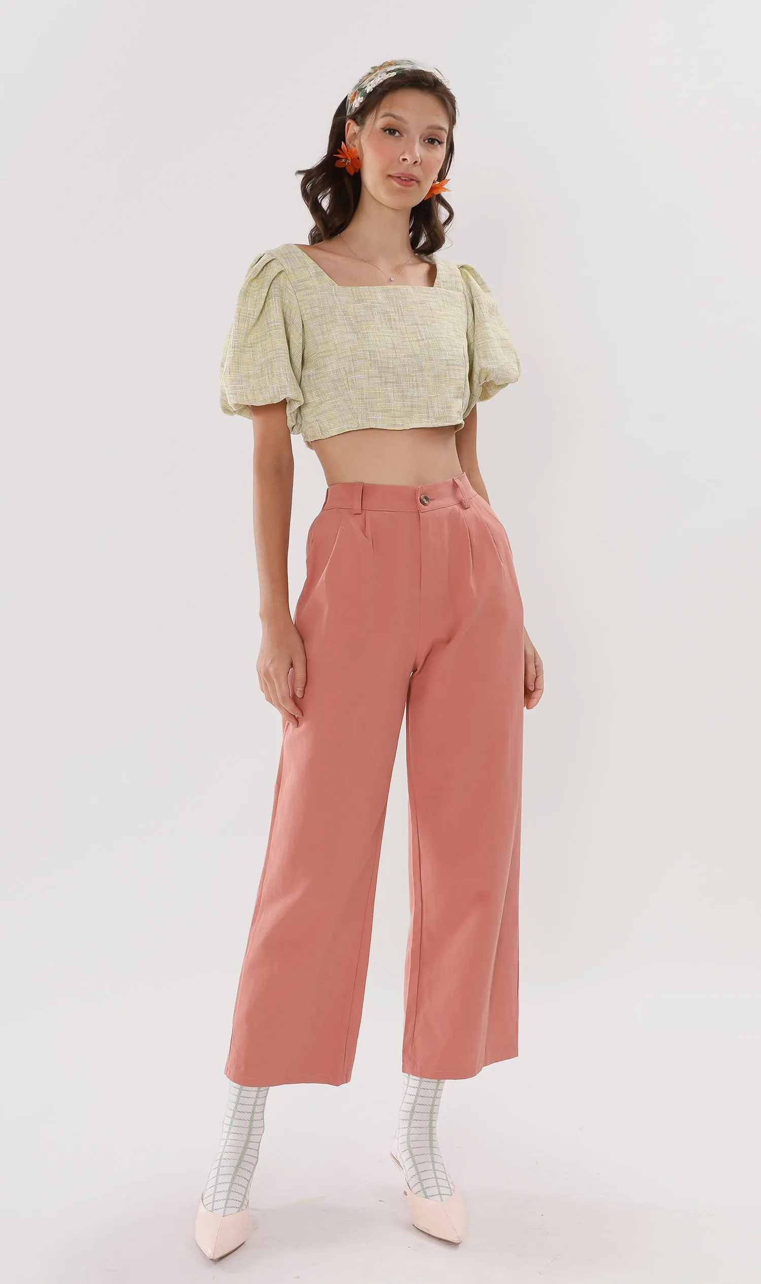 SASHA Tweed Puff-Sleeve Crop Top (Yellow)