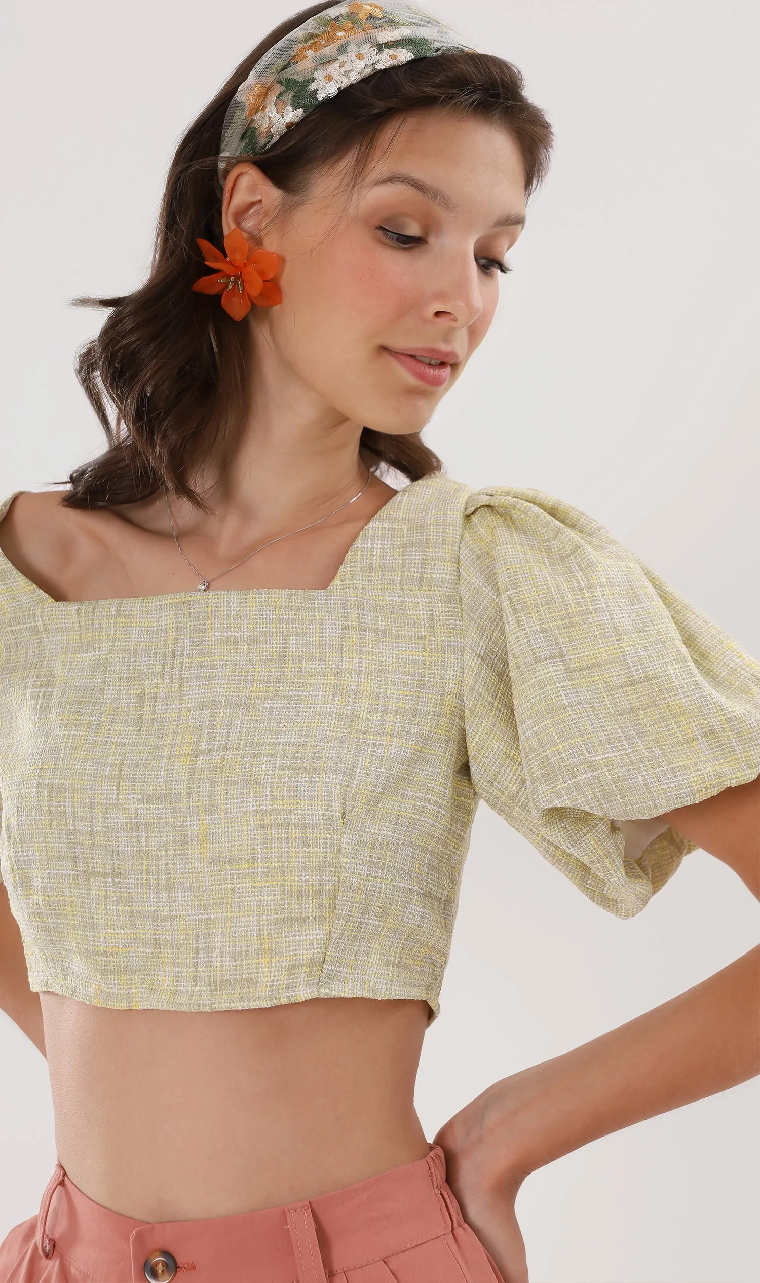 SASHA Tweed Puff-Sleeve Crop Top (Yellow)