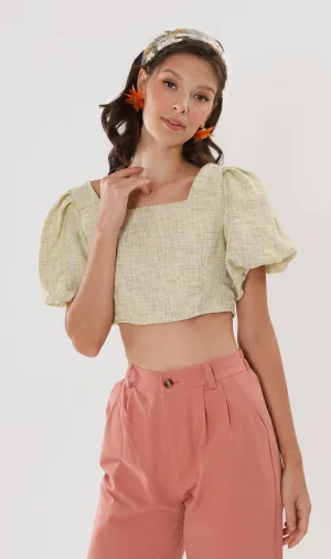 SASHA Tweed Puff-Sleeve Crop Top (Yellow)