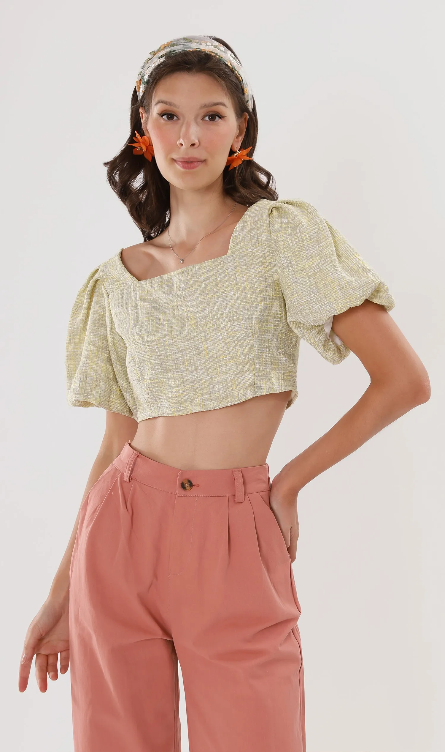 SASHA Tweed Puff-Sleeve Crop Top (Yellow)