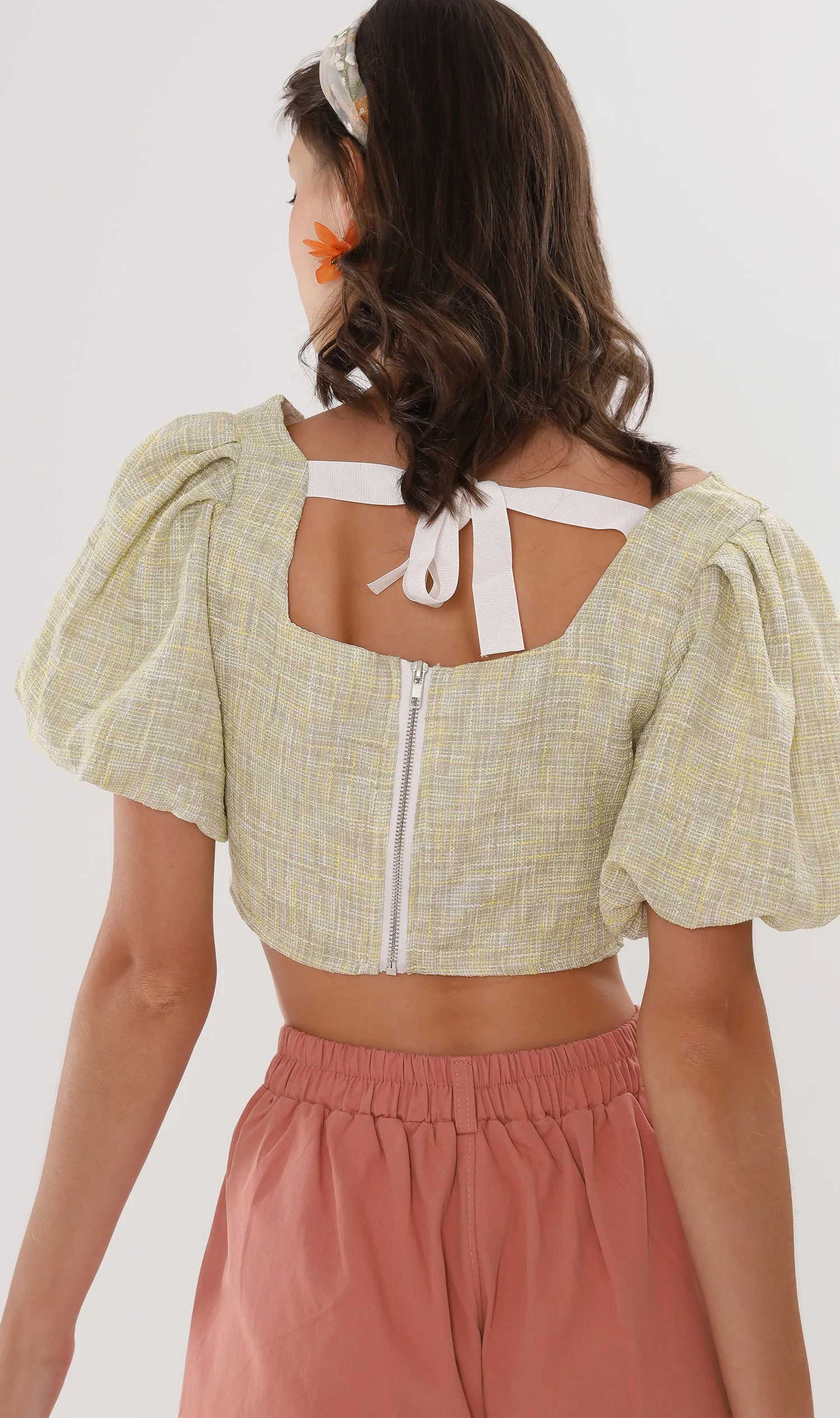 SASHA Tweed Puff-Sleeve Crop Top (Yellow)
