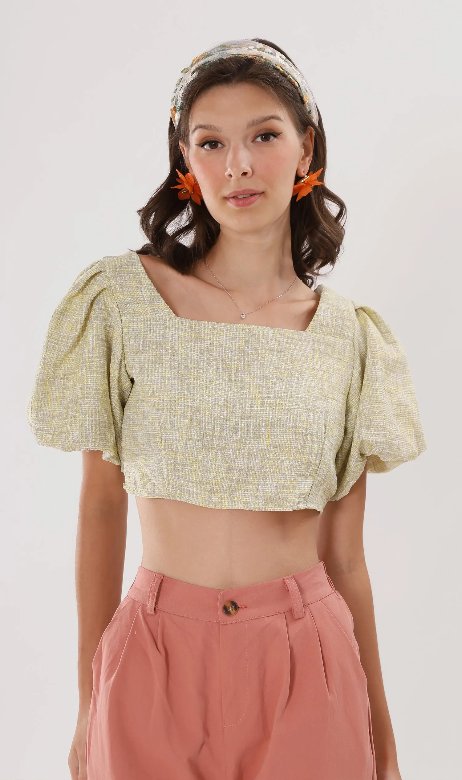 SASHA Tweed Puff-Sleeve Crop Top (Yellow)