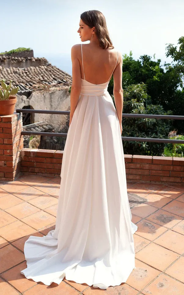 Satin Floor-length Brush Train A Line Sleeveless Simple Prom Evening Dress with Ruffles-334316