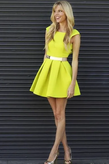 Satin Neon Yellow Homecoming Dresses with Belt