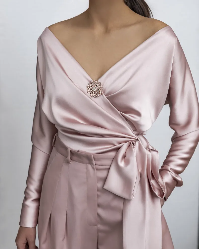 Satin Off Shoulder V-neck Bowknot Workwear Tops Shirts With Brooch