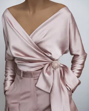 Satin Off Shoulder V-neck Bowknot Workwear Tops Shirts With Brooch
